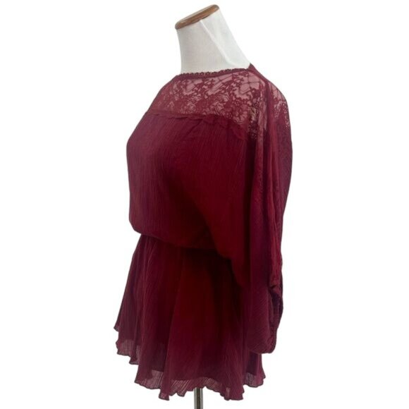 RARE Vintage Free People Burgundy Red Lace Trim Cinched Waist Boho Crepe Top - Picture 2 of 16